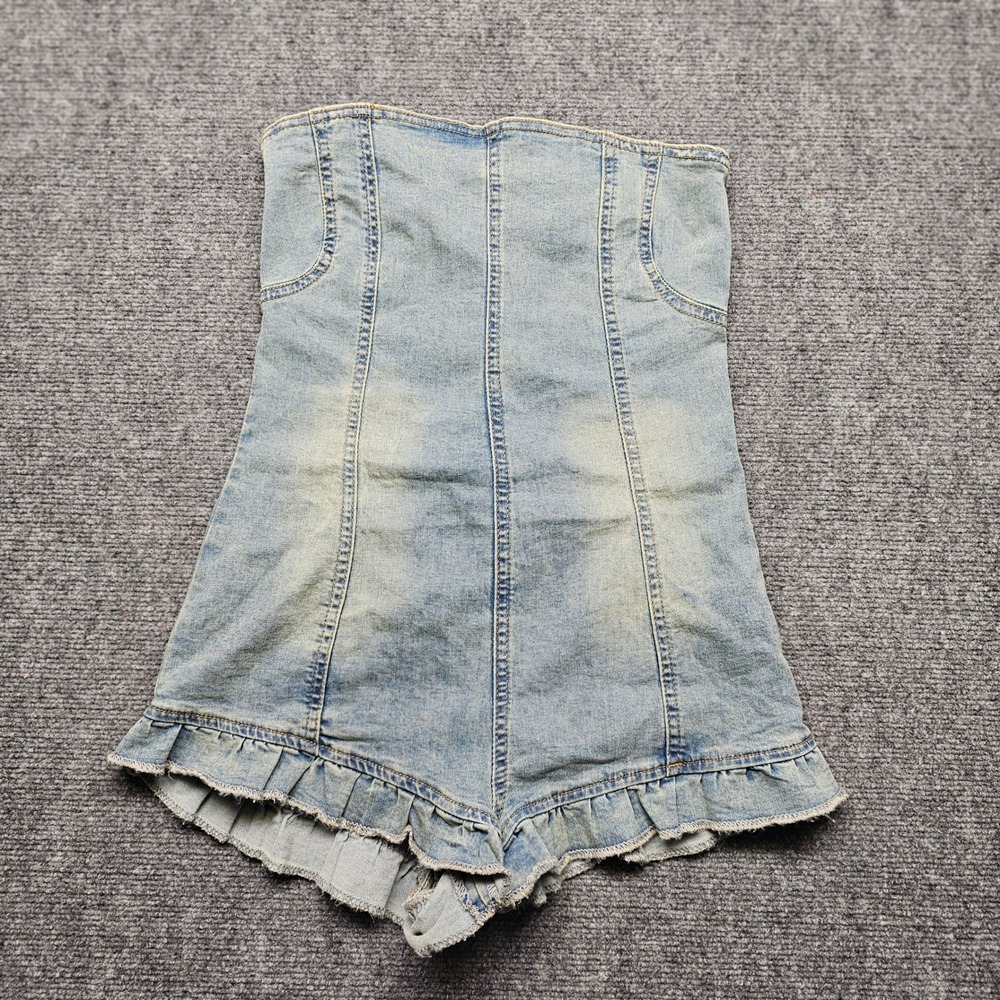 Edikted Strapless Denim Romper Light Wash Ruffle Hem Tube Top Jumpsuit Size M